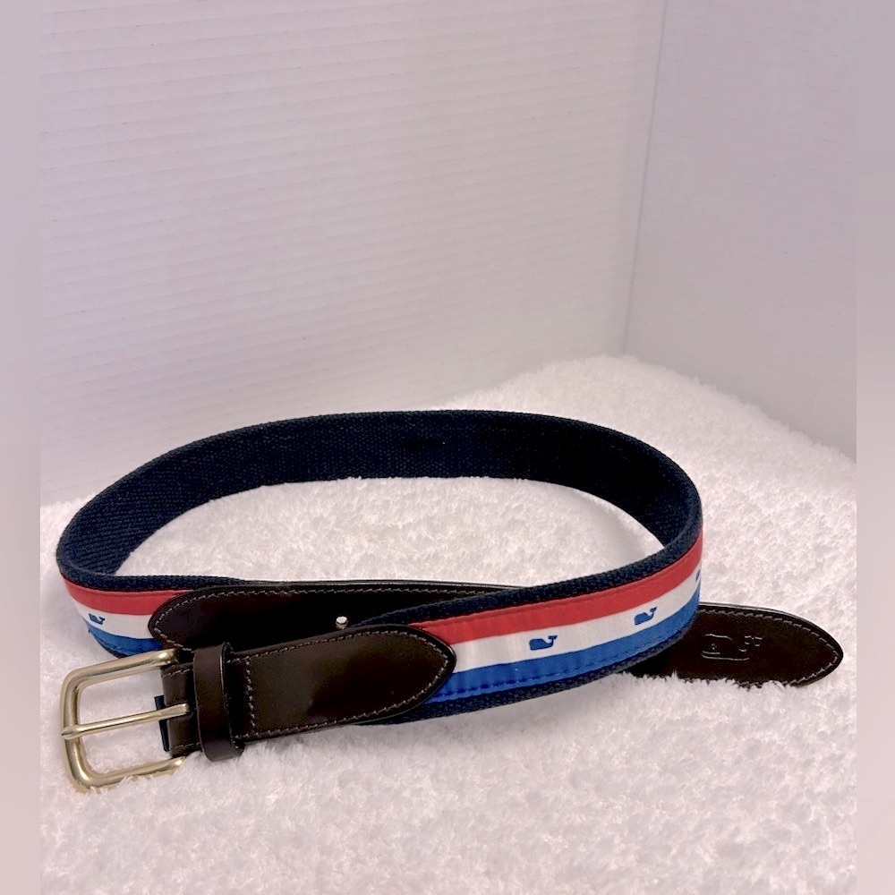 Vineyard Vines Stripe Navy Canvas Club Brown Leather Belt Men’s Size 30